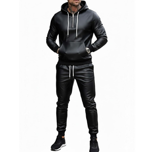 Men's Black Leather Look Hooded Tracksuit Set Full Sleeve Drawstring Sweatshirt <b>Jogger</b> Pants Solid Color Casual Autumn Wear - Product Image 1