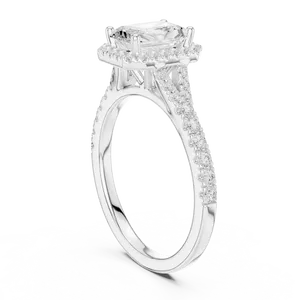 Anillo de compromiso unisex de lujo con halo de diamantes cultivados en laboratorio de corte radiante de 1 quilate, banda pavé de oro macizo de 14k/18k y tallo dividido para hombre y mujer - Product Image 4