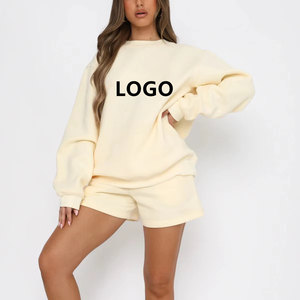 Customized Women's Solid Loose Casual Neck Sweatshirt Shorts Set Spring Autumn Sport Sweatshirt Set - Product Image 1