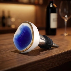 Ceramic Bottle <b>Stopper</b> with Blue Glaze and Gold Trim for Wine Sealing - Product Image 2