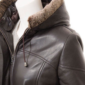 Chaqueta Acolchada de Cuero Genuino para Mujer, con Capucha con Ribete de Piel, Cierre de Cremallera, Manga Larga, Abrigo de Invierno - Product Image 4