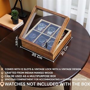 AHTE MANUEXPO Caja para Relojes de Madera de Mango UR-065, Organizador de Relojes con 12 Ranuras, Tapa de Cristal y Forro de Terciopelo - Product Image 1