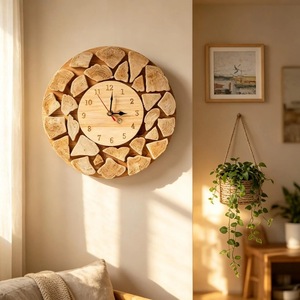 Horloge murale en bois rustique artisanale luxueuse, ronde, analogique, à quartz, silencieuse, décoration de salon - Product Image 3