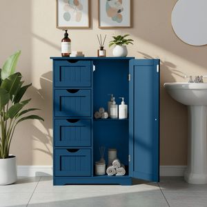 Mobile da Bagno Blu Navy con 4 Cassetti e 1 Anta in MDF con Finitura Verniciata, Impiallacciatura in Melammina, Strisce Verticali 56*30*82.5cm - Product Image 1