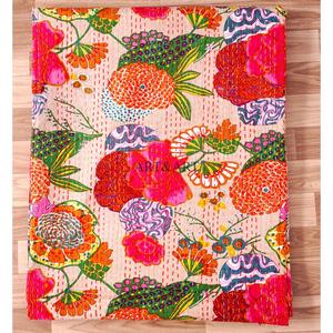ART&ART Colcha Indiana Hecha a Mano Kantha para Mujer, 100% Algodón, Diseño Floral con Estampado a Bloque, 220g de Peso de Tela, Rajasthan - Product Image 6
