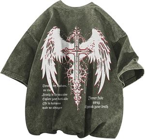 Camiseta Oversize para Hombre con Estampado de Alas de Cruz Gótica, Manga Corta, Cuello Redondo, Estilo Denim, Diseño de Algodón en la Espalda, 340g, Marca Personalizada - Product Image 1