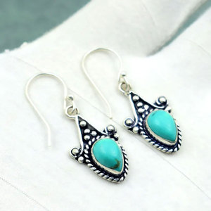 ต่างหูเทอร์ควอยซ์ทำมือ ชุบเงินบนทองเหลือง รูปทรงหยดน้ำ ประดับด้วยหิน ดีไซน์โบโฮ เอธนิค เหมาะสำหรับผู้หญิง เป็นของขวัญ - Product Image 3