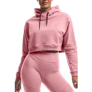 Haut de sport à capuche court pour femme en coton, coupe ample, manches longues, pour fitness, gym, entraînement, course à pied, athlétisme - Product Image 1