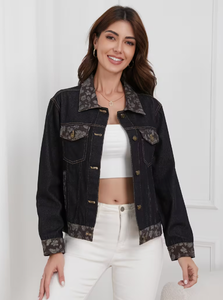 Hardihood International Veste en jean pour femme, patchwork floral, col et poignets contrastants, coupe classique, automne, formelle, respirante - Product Image 6