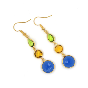 ต่างหูห้อยทรงดอกไม้ประดับพลอยเพอริดอท ซิทริน อินค์บลู คาลซิโดนี หลายชนิด งานแฮนด์เมด ตัดแบบเช็คเกอร์ ประดับขอบทอง 18K - Product Image 1