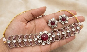 Conjunto de Collar y Pendientes de Latón con Incrustaciones de Kundan y Polki, Joyería Nupcial India Tradicional, Tono Dorado, Conjunto de Joyería de Boda Unisex - Product Image 6
