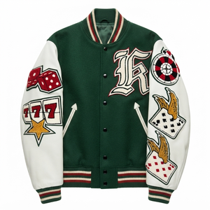 Chaqueta Varsity Blanca para Hombre con Bordado de Dados 777 y Parches de Cartas, Estilo Preppy, Ropa de Otoño - Product Image 2