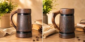 Mug en bois avec bandes métalliques, poignée de style vintage, design classique pour usage domestique, vaisselle réutilisable - Product Image 2