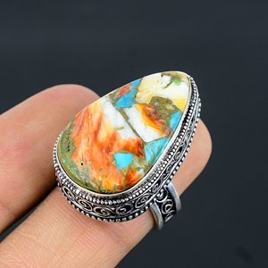 Vintage Bohemian 925 Silver Plated <b>Ring</b> Natural Spiny Oyster Turquoise Gemstone Statement Jewelry Unisex Daily Wear Gift - Product Image 1