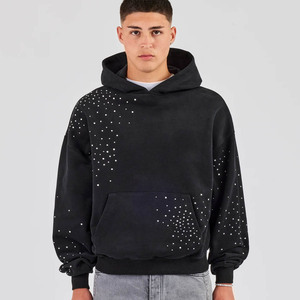 Sudadera con capucha para hombre, estilo urbano, de alta demanda, OEM, personalizada, negra, con pedrería, de corte holgado, mezcla de algodón, tela transpirable y suave. - Product Image 1