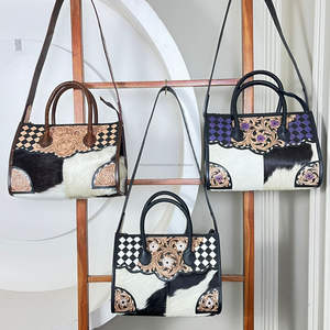 Western Purple & Black Checkered Hand <b>Tooled</b> Leather Crossbody <b>Tote</b> <b>Bag</b> for Women's Hair-On Cowhide Designer Luxury Handbags - Product Image 4