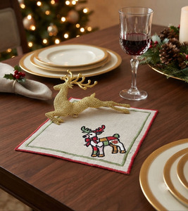 Wholesale Custom Embroidered Modern Cocktail Napkins Deer Christmas Natural <b>Linen</b> Red Green Border Coaster for Home Bars - Product Image 5