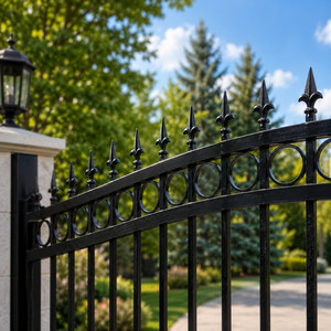 Black Wrought Iron Sliding Driveway <b>Gate</b> with <b>Arched</b> Top Spear Finials Ring Design for Villa Garden Entrance Security - Product Image 2