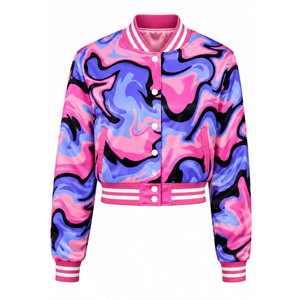 <b>Pink</b> Blue Flame Print Varsity <b>Jacket</b> Turn-down Collar Full Sleeve Polyester Women's Short Casual Spring Wear Women Satin <b>Jackets</b> - Product Image 2