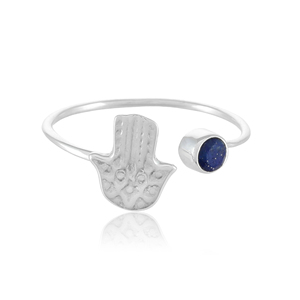Natural <b>Lapis</b> <b>Lazuli</b> Hamsa <b>Ring</b> – 925 Sterling Silver Adjustable Hand of Fatima Open <b>Ring</b> - Product Image 1