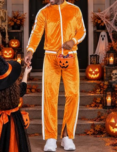 Ensemble de survêtement en velours orange, veste à col montant zippée et pantalon à rayures blanches, deux pièces - Product Image 5