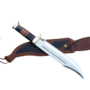 Couteau de chasse Bowie artisanal en acier D2 avec manche en corne de buffle noir, poignée en cuir marron, lame argentée, étui en cuir, pour l'extérieur - Product Image 3