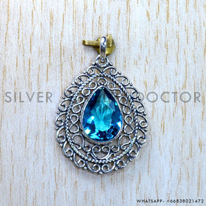 Colgantes de plata de ley 925 con topacio azul, diseño exclusivo, corte ovalado, hechos a mano, joyería de plata al por mayor para mujer - Product Image 2
