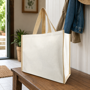 Bolsa de Mano de Lona de Algodón Laminado de 220 GSM, 41x34x17 cm, Asa Color Yute, Logotipo Personalizado, Reutilizable, Compras al por Mayor, Fabricante OEM - Product Image 6