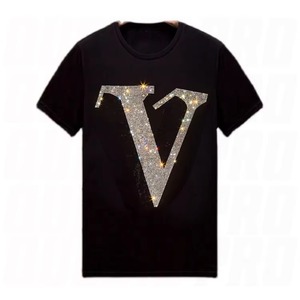 เสื้อยืดตัวอักษรประดับเพชรผู้ชายสีดำผ้าฝ้ายคอกลมแขนสั้นเสื้อยืดกราฟิกแบบมีกลิตเตอร์ลำลองสตรีทแวร์ - Product Image 1