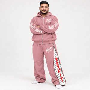 Graphic Print 100% Cotton Hooded Sweatsuit Unisex Fleece Zip Jacket Wide Leg Pants Custom Side <b>Tape</b> Detail Relaxed Streetwear - Product Image 1