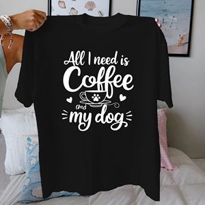 Camiseta de Punto Informal de Corte Regular para Mujer, 100% Algodón, Estampado 'Coffee Dog' - Product Image 1