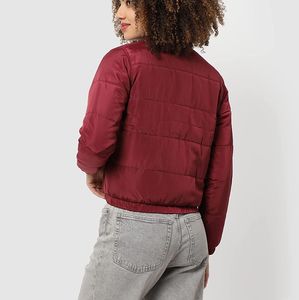 Women's Burgundy <b>Quilted</b> Jacket Stand Collar Full Sleeve Solid Color Autumn Wear Short Length Button Closure - Product Image 3