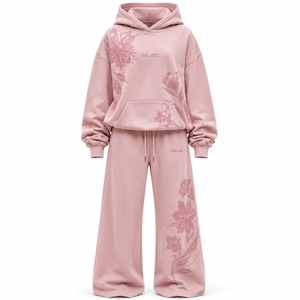 Ensemble de survêtement de luxe pour femme, rose poudré, à motif floral, avec sweat à capuche oversize et pantalon large, en molleton premium, OEM ODM, personnalisable, style streetwear - Product Image 6