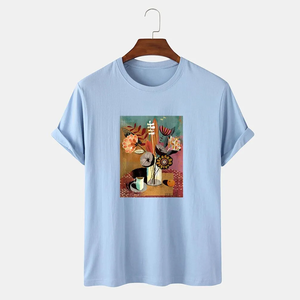เสื้อยืดแขนสั้นสีขาวสำหรับผู้ชาย ลายพิมพ์ดอกไม้ คอกลม ทรงลำลอง ผ้าคอตตอนเจอร์ซีย์ ดีไซน์ด้านหน้าแบบถัก - Product Image 4
