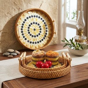 Juego de 3 bandejas de servir de ratán con incrustaciones de nácar hechas a mano – Bandejas decorativas para mesa de centro para la decoración del hogar en la sala de estar - Product Image 1