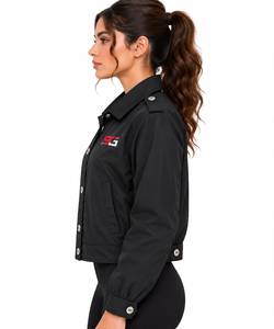 Solomon Global Apparel Women's <b>Black</b> <b>Windbreaker</b> Racer Jacket Stand Collar Windproof Polyester Logo Sporty Long Detachable Liner - Product Image 6