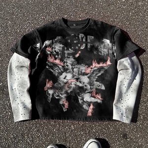 Wholesale 100% Cotton T-shirt Custom Graphic Printing Vintage Ripped Double <b>Layer</b> Long Waffle Sleeve ACID Wash Style <b>Top</b> Bulk - Product Image 6