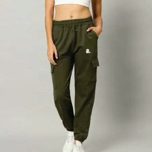 Pantalones Cargo para Mujer, Color Sólido, Lona, Cintura Media, Cintura Elástica, Largos, Casuales, con Bolsillos, Corte Regular - Product Image 1