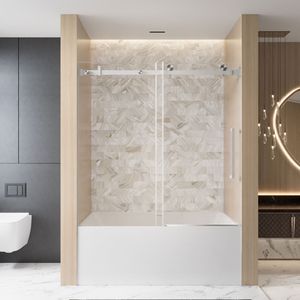 Puerta Corredera Individual sin Marco para Ducha, 56-60'' de Ancho x 60'' de Alto, Vidrio Templado Transparente de 1/4'' (6mm), a Prueba de Explosiones, Acero Inoxidable - Product Image 1