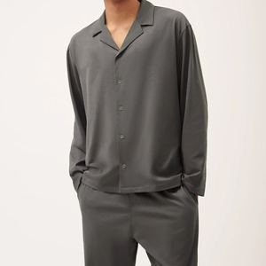 Conjunto de Pijama de Manga Larga Azul Claro para Hombre, Color Sólido, Ropa de Dormir Informal Suave, 100% Algodón, Lavable a Máquina, Ropa de Primavera - Product Image 4