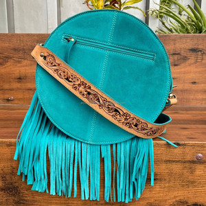 2025 New Arrivals Boot Stitch Hand Tooled Suede Leather Round Shoulder Fringe Bag for Women Genuine Leather Circle Crossbody Bag - Product Image 5