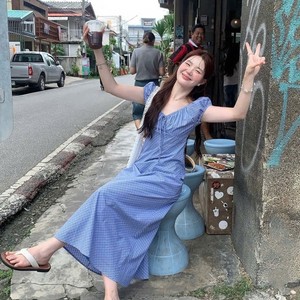 Robe longue d'été pour femmes, bleu à carreaux, manches bouffantes, col carré, taille cintrée, robe maxi pour femmes - Product Image 1