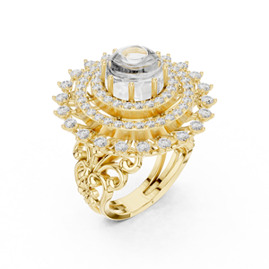 Bague de fiançailles et de mariage pour femme en or jaune avec grand diamant rond et halo, motif floral en spirale - Product Image 4