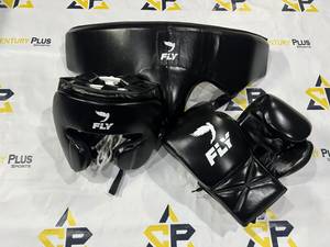 Custom Black Fly <b>Boxing</b> <b>Set</b> Genuine Cowhide Leather <b>Boxing</b> Gloves Head Guard Groin Guard for <b>Sparring</b> Training - Product Image 1