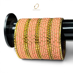 Juego de Brazaletes de Acero Inoxidable con Cristales Chapados en Oro Durazno para Niñas, Joyería India de Moda para Fiestas y Bodas, Venta al Por Mayor - Product Image 1