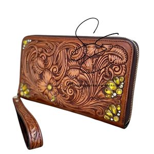 Beautiful Handcrafted Genuine Tooled Leather Zipper Wallet Western Cowgirl Accessory Women <b>Wristlet</b> with Card Slots & Cash/Bill - Product Image 2