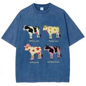 T-shirt unisexe d'été vintage imprimé vache et cowboy, délavé à l'acide, en coton décontracté, style Y2K années 90 rétro pour homme et femme - Product Image 3