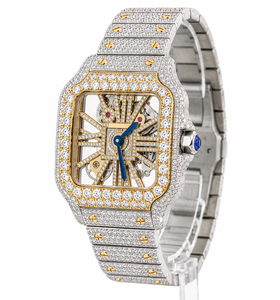 Montre analogique de luxe unisexe Hip Hop à quartz classique, entièrement sertie de moissanite VVS, avec boîtier carré bicolore or et argent et fermoir à vis, 3 ATM - Product Image 1