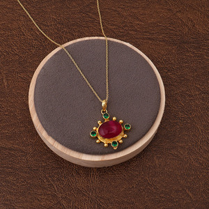 Ruby Jade and Emerald Quartz Pendant Necklace 18k Gold Plated Gemstone Necklace V - Product Image 4