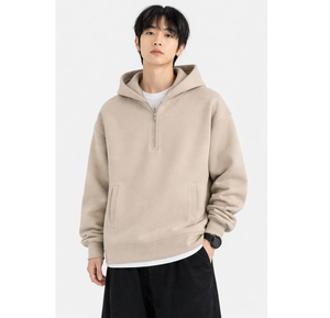 Sudadera con capucha beige para hombre, media cremallera, informal, holgada, de manga larga, mezcla de algodón, moda de invierno y otoño - Product Image 1